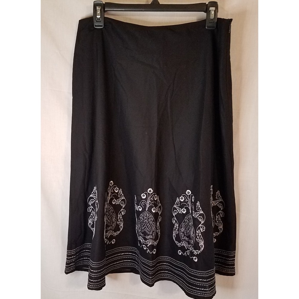 Rafaella Skirt Womens‎ 12 Black & White Embroidered A-Line Cotton Midi Vtg Zip